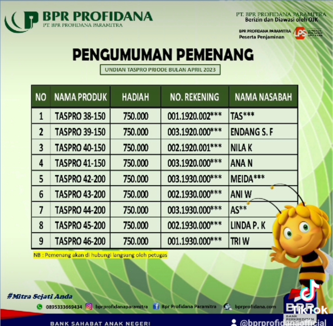 PEMENANG TABUNGAN TASPRO PERIODE APRIL 2023